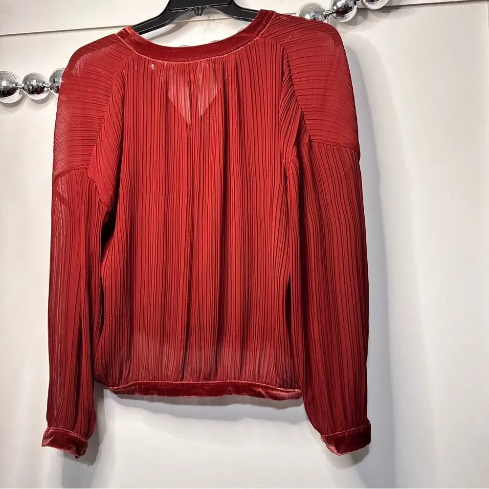 Free People Sheer Peasant Blouse Velvet Brick Red Orange